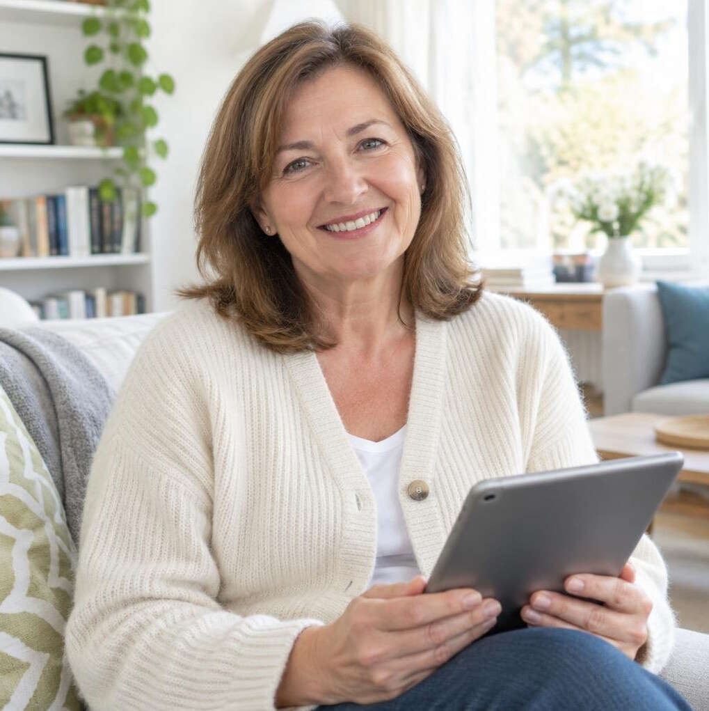 Smiling Polish woman in her 50s holding a tablet at home