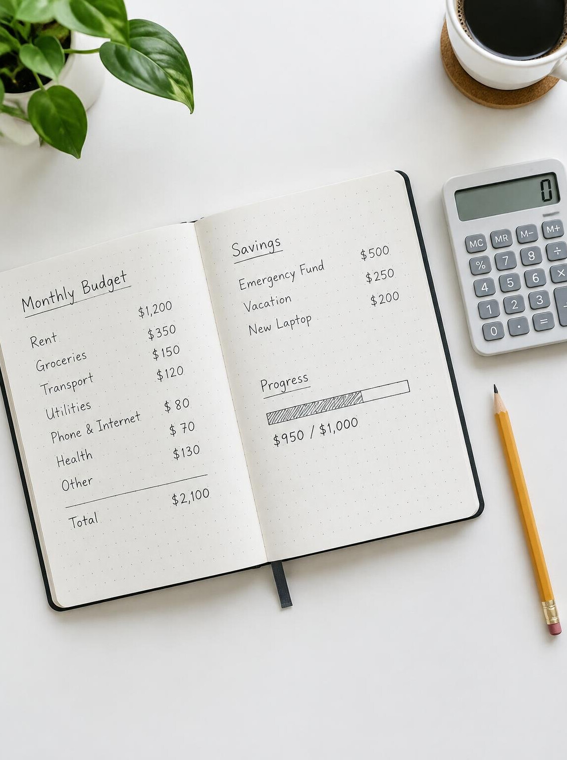 Notebook with handwritten financial notes and a calculator on a desk