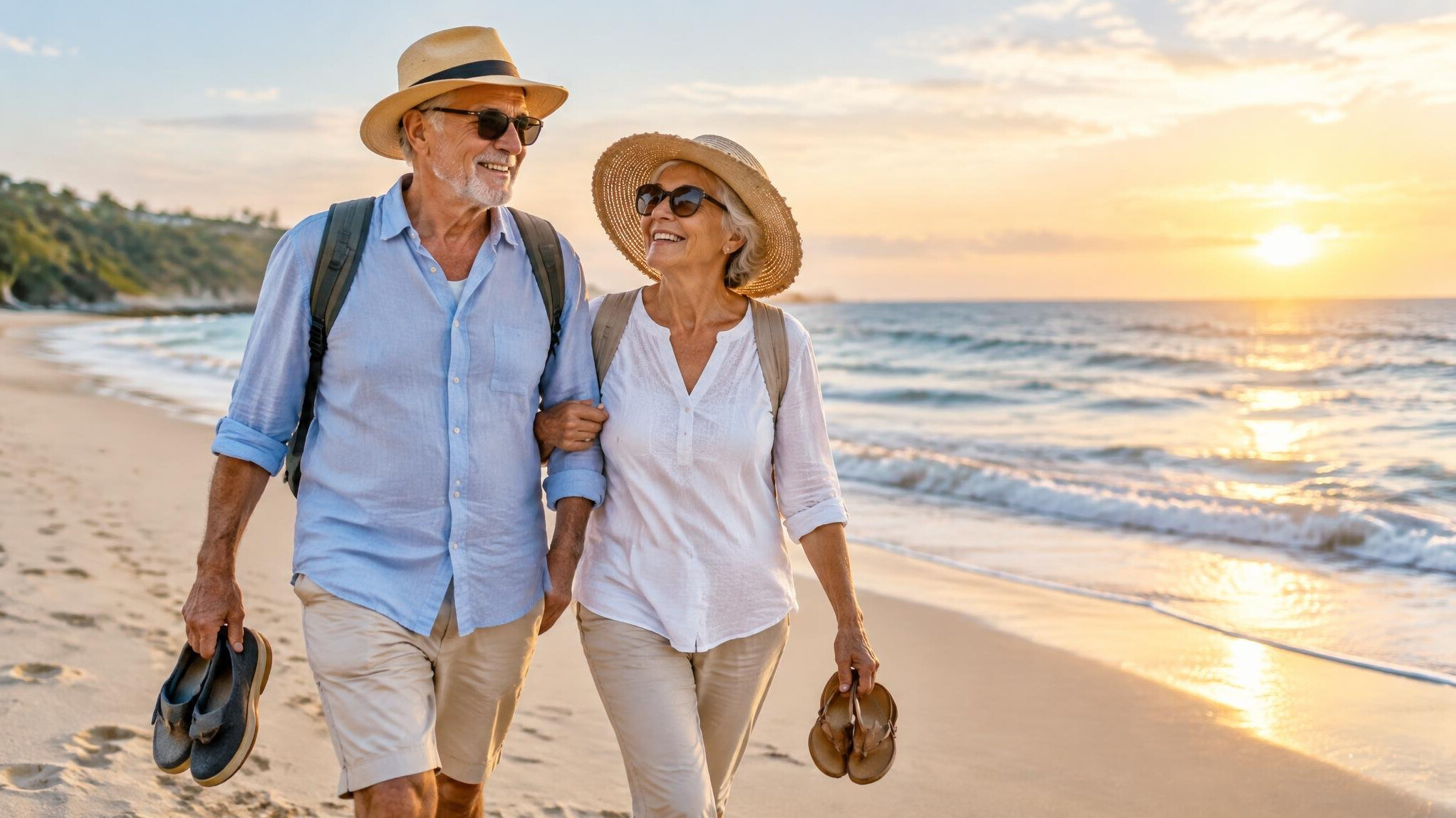 senior couple walking on beach