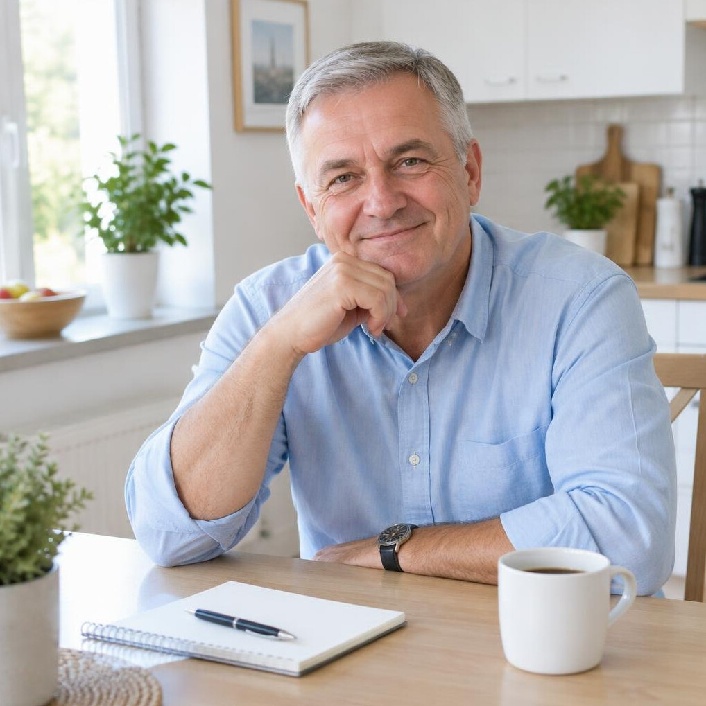 Smiling Polish man in his late 50s reviewing papers at a bright table