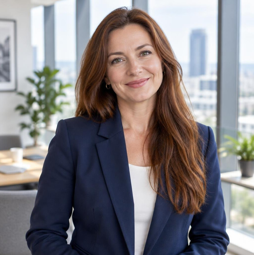 Friendly Polish woman in her 40s with long red hair smiling in a bright office